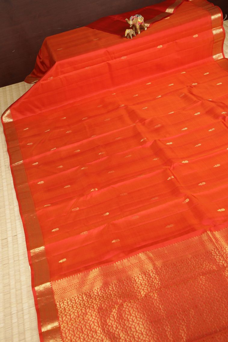 Fire Orange Soft Silk Saree with Gold Zari Buttis (small Dots Or Motifs) view 2