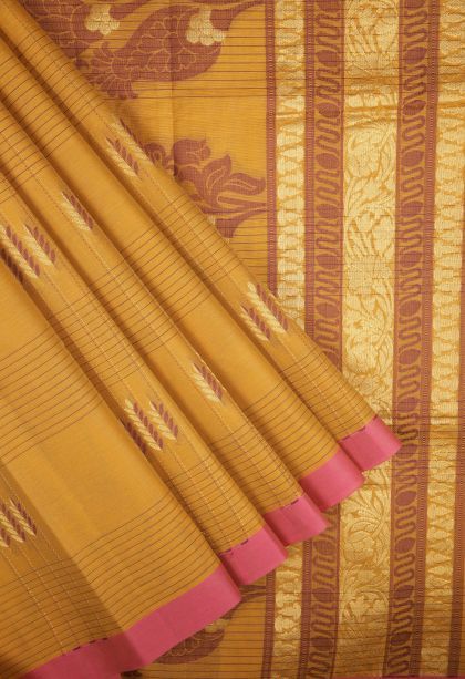Merigold Orange Kovai Cotton Sarees with Without Zari Zari Checks