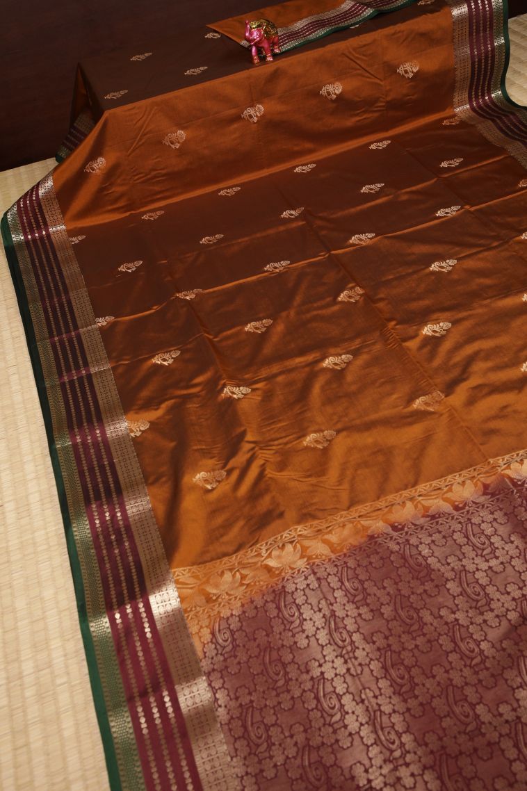 Bronze Orange Soft Silk Saree with Copper Zari Buttis (small Dots Or Motifs) view 2