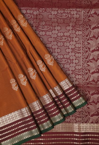 Bronze Orange Soft Silk Saree with Copper Zari Buttis (small Dots Or Motifs)