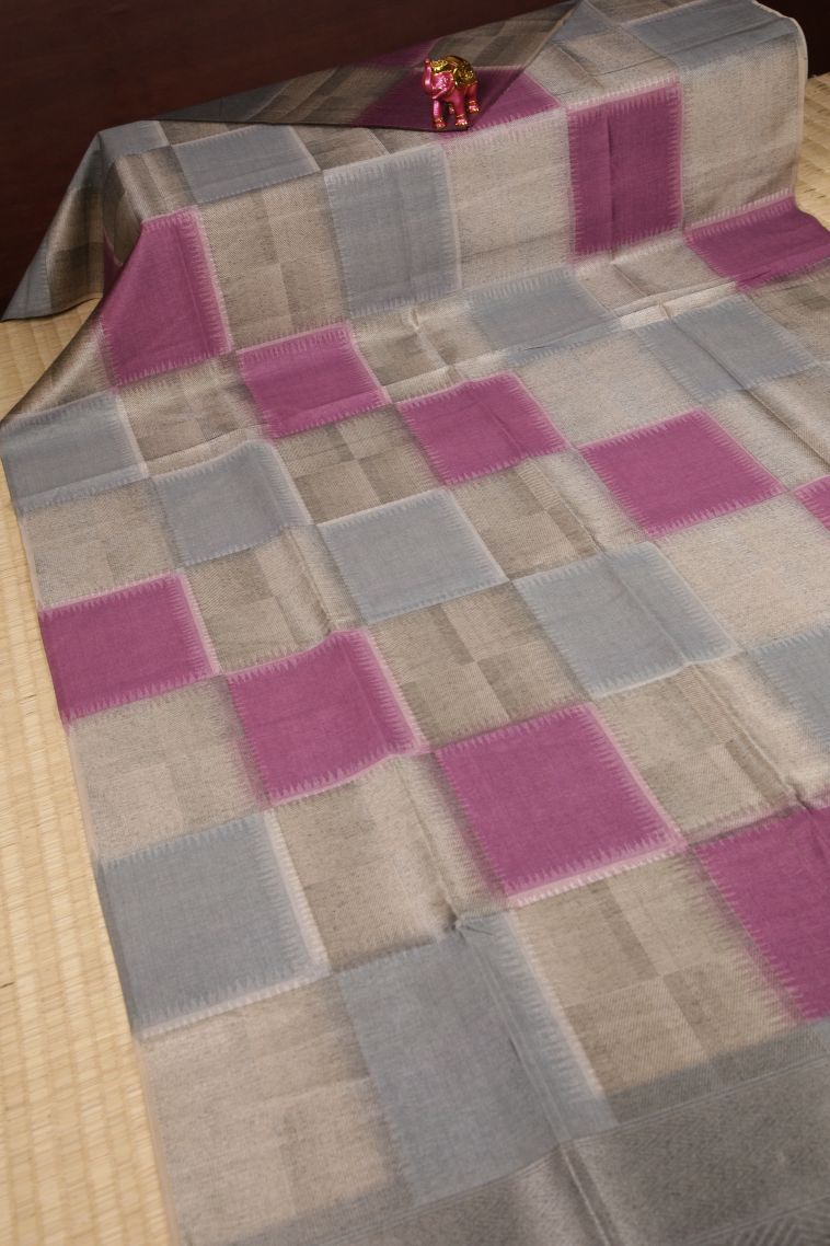Gray Black Tussar Saree with Bronze Zari Checks view 2