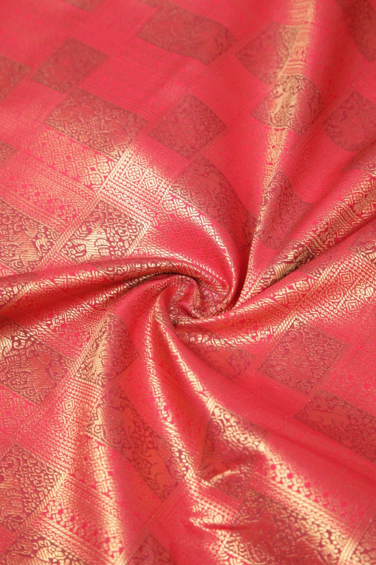 Strawberry Pink Samudrika Pattu with Copper Zari Floral Patterns view 4