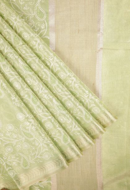 Pistachio Green Tussar Saree with Without Zari Zari Floral Patterns