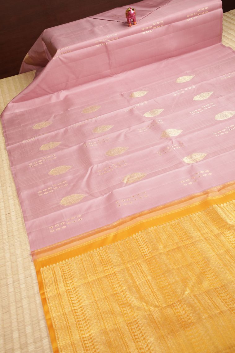 Crepe Pink Kanchipuram Silk Sarees with Gold Zari Buttis (small Dots Or Motifs) view 2