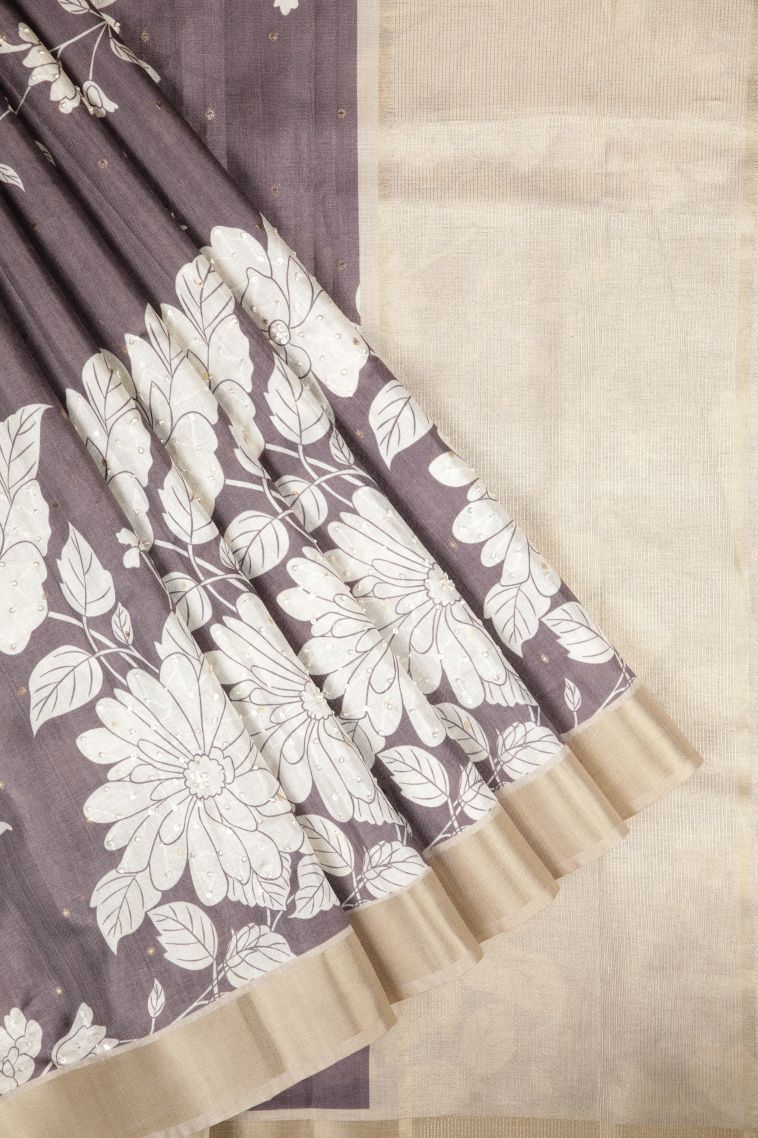 Mauve Purple Tussar Saree with Without Zari Zari Floral Patterns view 1