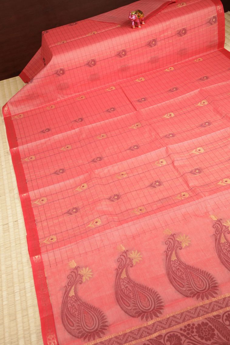 Ballet Pink Kovai Cotton Sarees with Without Zari Zari Checks view 2