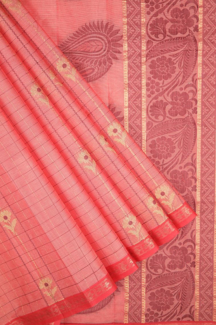 Ballet Pink Kovai Cotton Sarees with Without Zari Zari Checks view 1