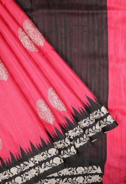 Bubblegum Pink Tussar Saree with Without Zari Zari Buttis (small Dots Or Motifs)