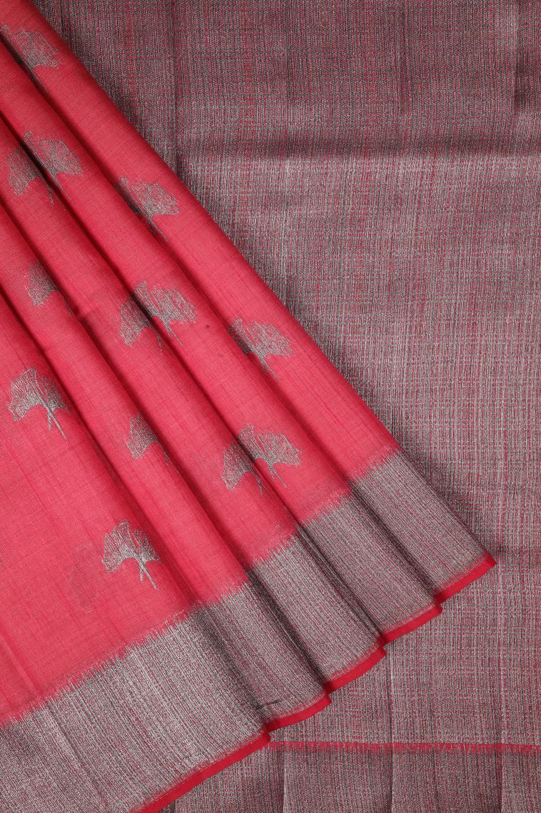 Punch Pink Tussar Saree with Bronze Zari Buttis (small Dots Or Motifs) view 1
