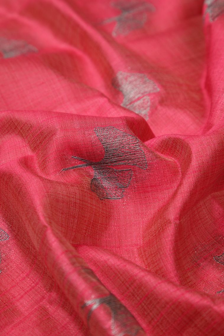 Punch Pink Tussar Saree with Bronze Zari Buttis (small Dots Or Motifs) view 4