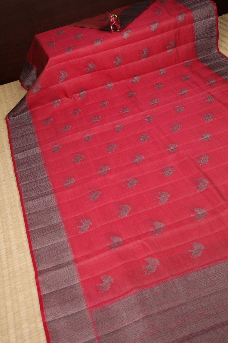 Punch Pink Tussar Saree with Bronze Zari Buttis (small Dots Or Motifs) view 2