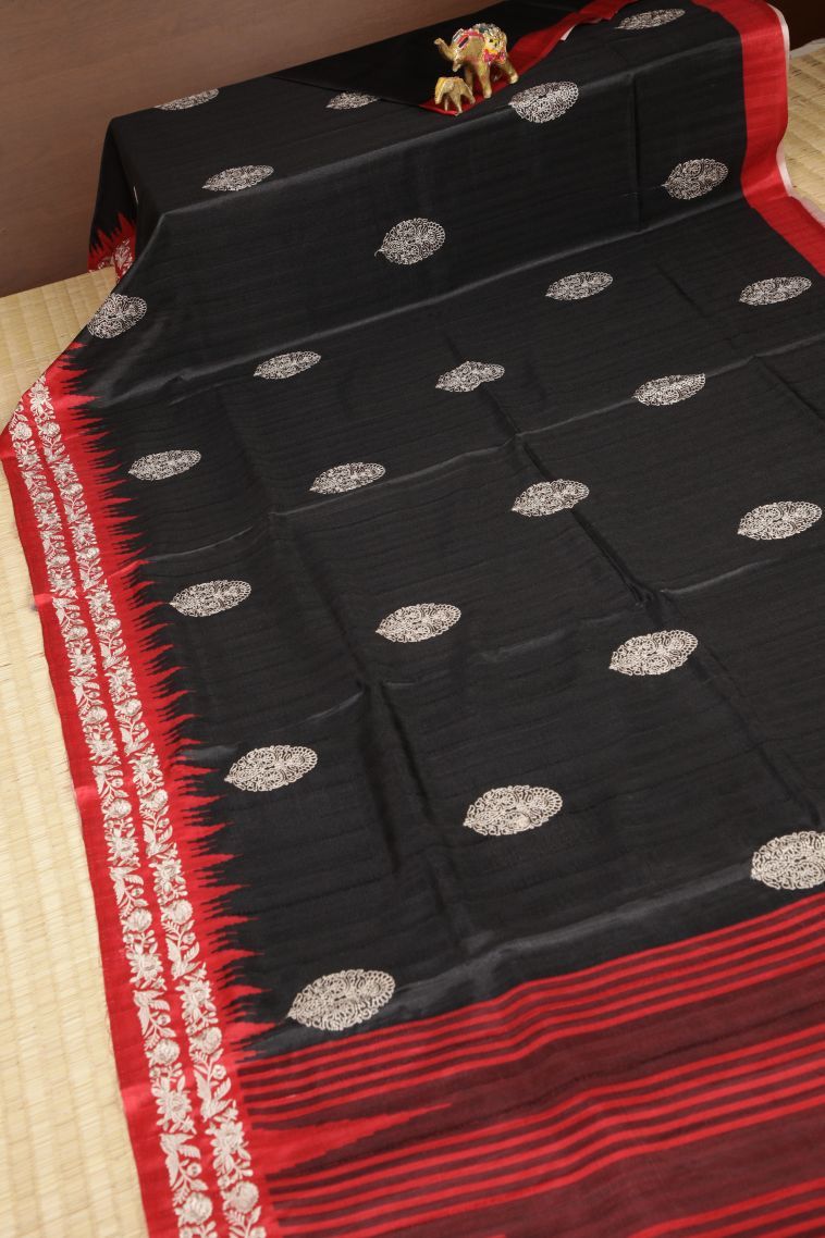 Asphalt Black Tussar Saree with Without Zari Zari Buttis (small Dots Or Motifs) view 2