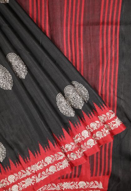 Asphalt Black Tussar Saree with Without Zari Zari Buttis (small Dots Or Motifs)
