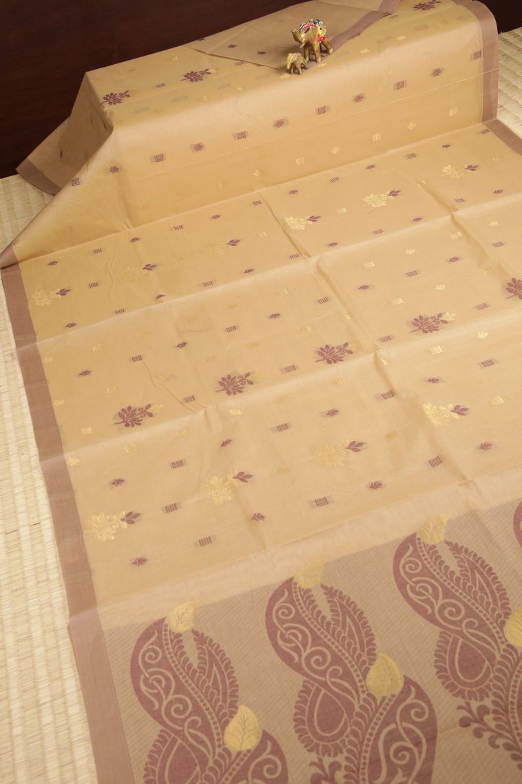 Cream White Kovai Cotton Sarees with Without Zari Zari Buttis (small Dots Or Motifs) view 2