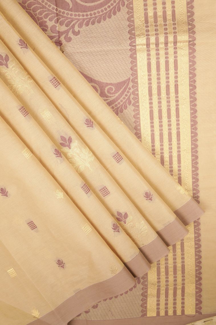 Cream White Kovai Cotton Sarees with Without Zari Zari Buttis (small Dots Or Motifs) view 1