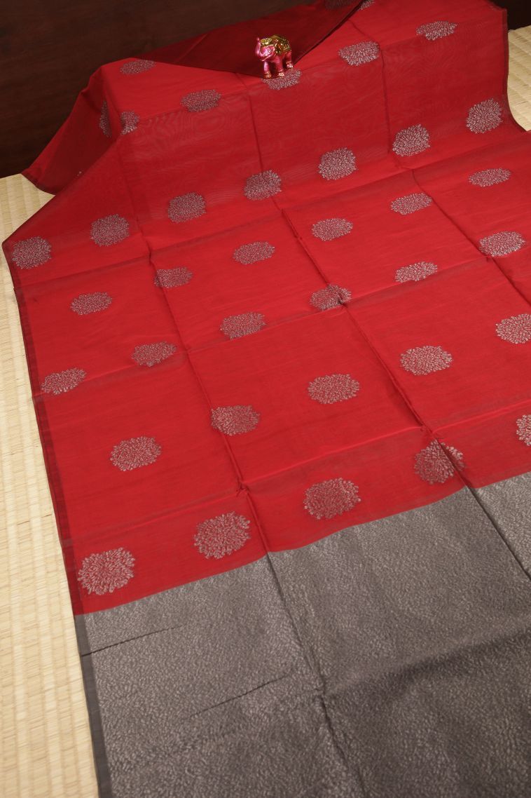 Apple Red Silk Cotton Sarees with Bronze Zari Buttis (small Dots Or Motifs) view 2