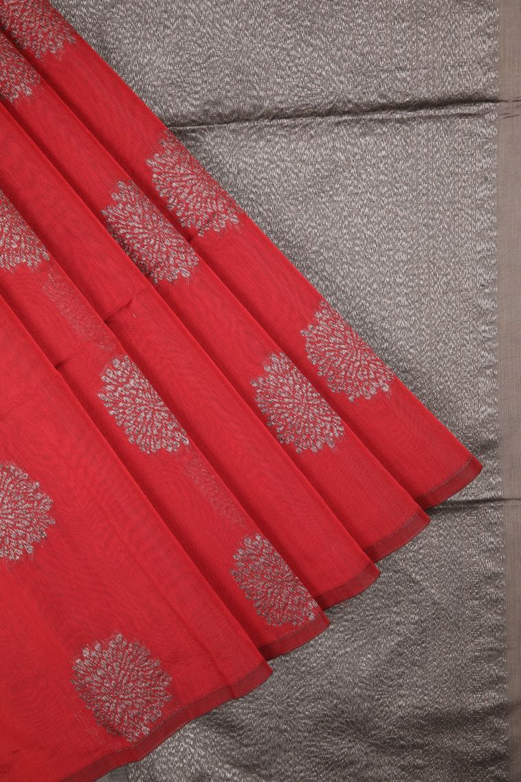 Apple Red Silk Cotton Sarees with Bronze Zari Buttis (small Dots Or Motifs) view 1