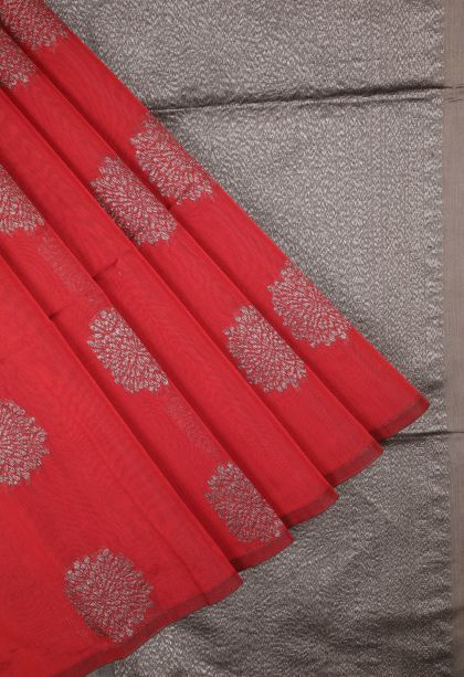 Apple Red Silk Cotton Sarees with Bronze Zari Buttis (small Dots Or Motifs)