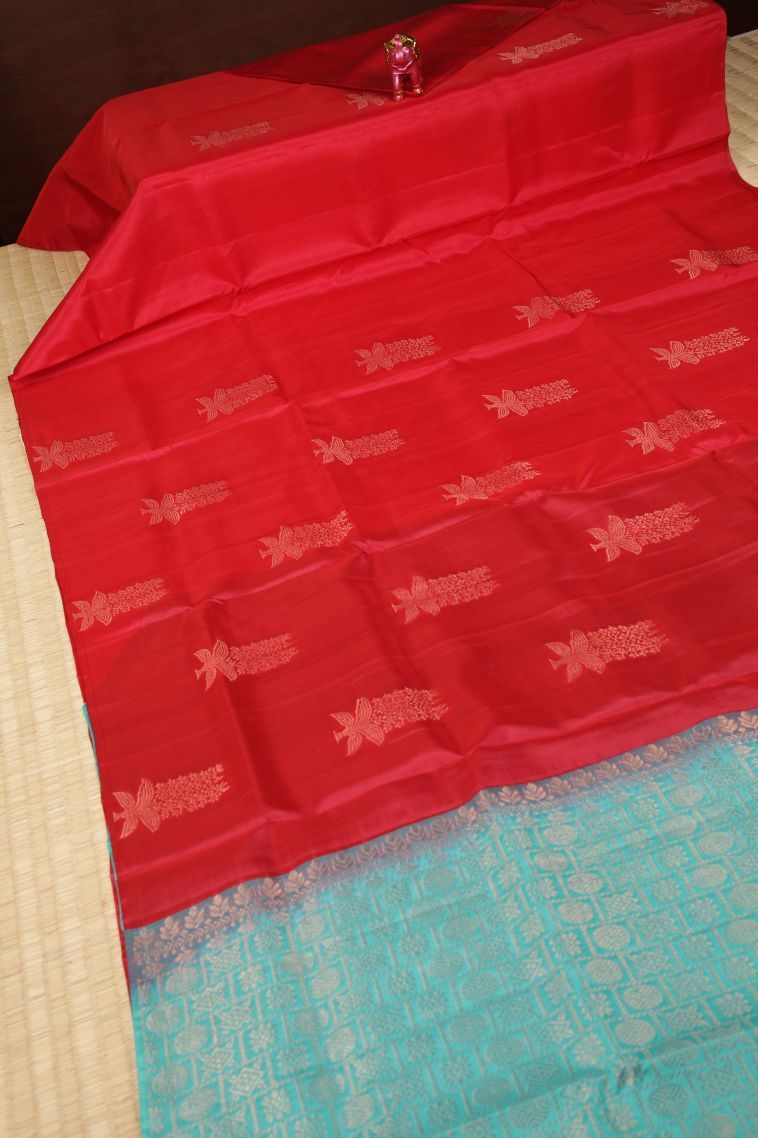 Candy Red Soft Silk Saree with Copper Zari Buttis (small Dots Or Motifs) view 2