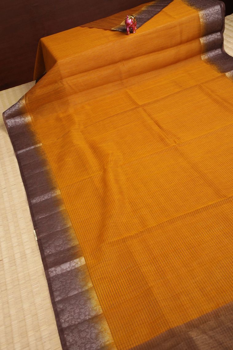 Apricot Orange Tussar Saree with Without Zari Zari Plain view 2