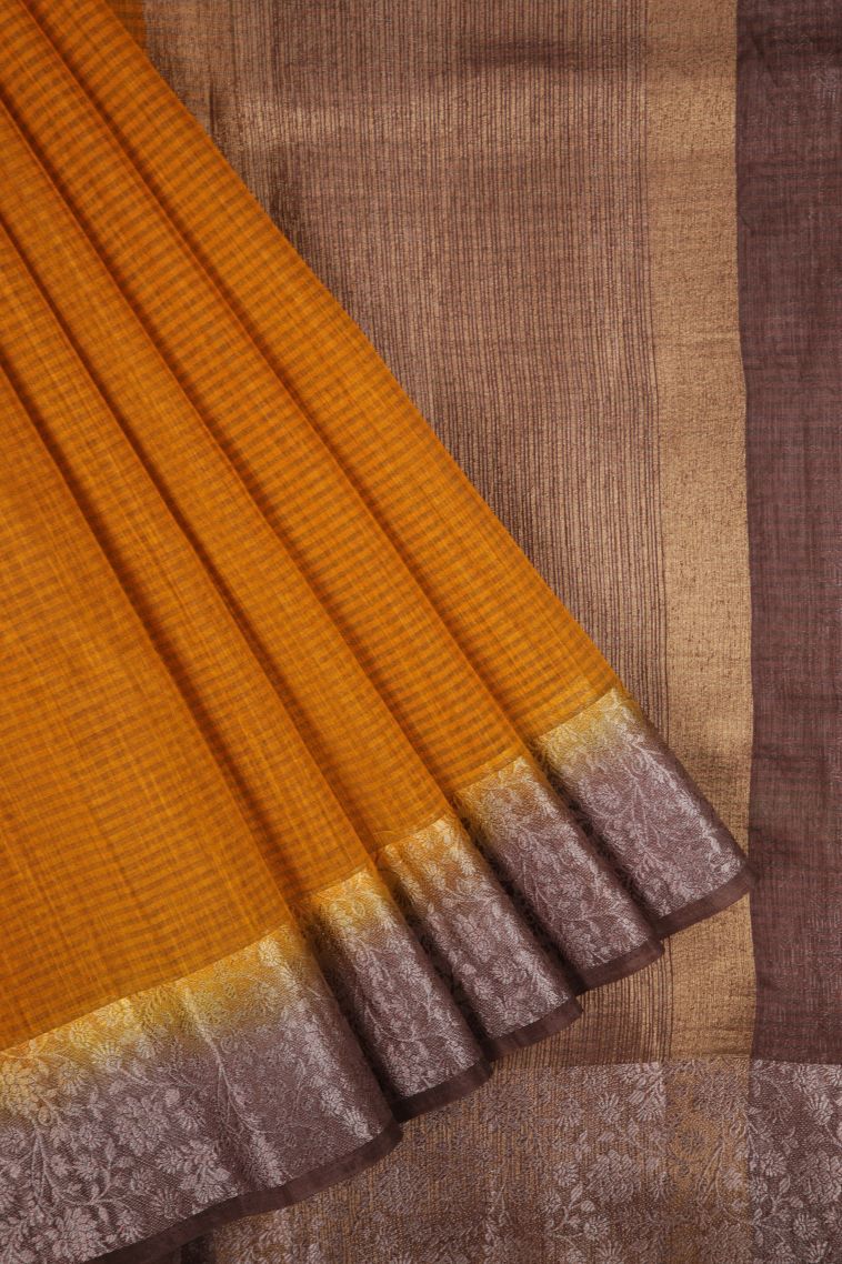 Apricot Orange Tussar Saree with Without Zari Zari Plain view 1
