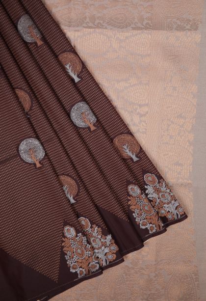 Brunette Brown Soft Silk Saree with Copper Zari Stripes