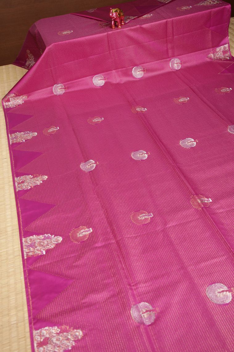 Hot Pink Soft Silk Saree with Copper Zari Stripes view 2