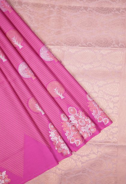 Hot Pink Soft Silk Saree with Copper Zari Stripes