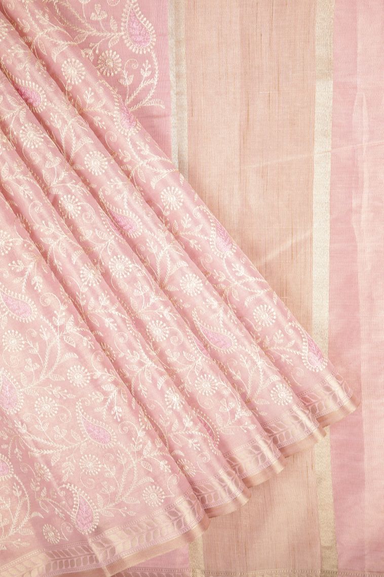 Crepe Pink Tussar Saree with Without Zari Zari Floral Patterns view 1