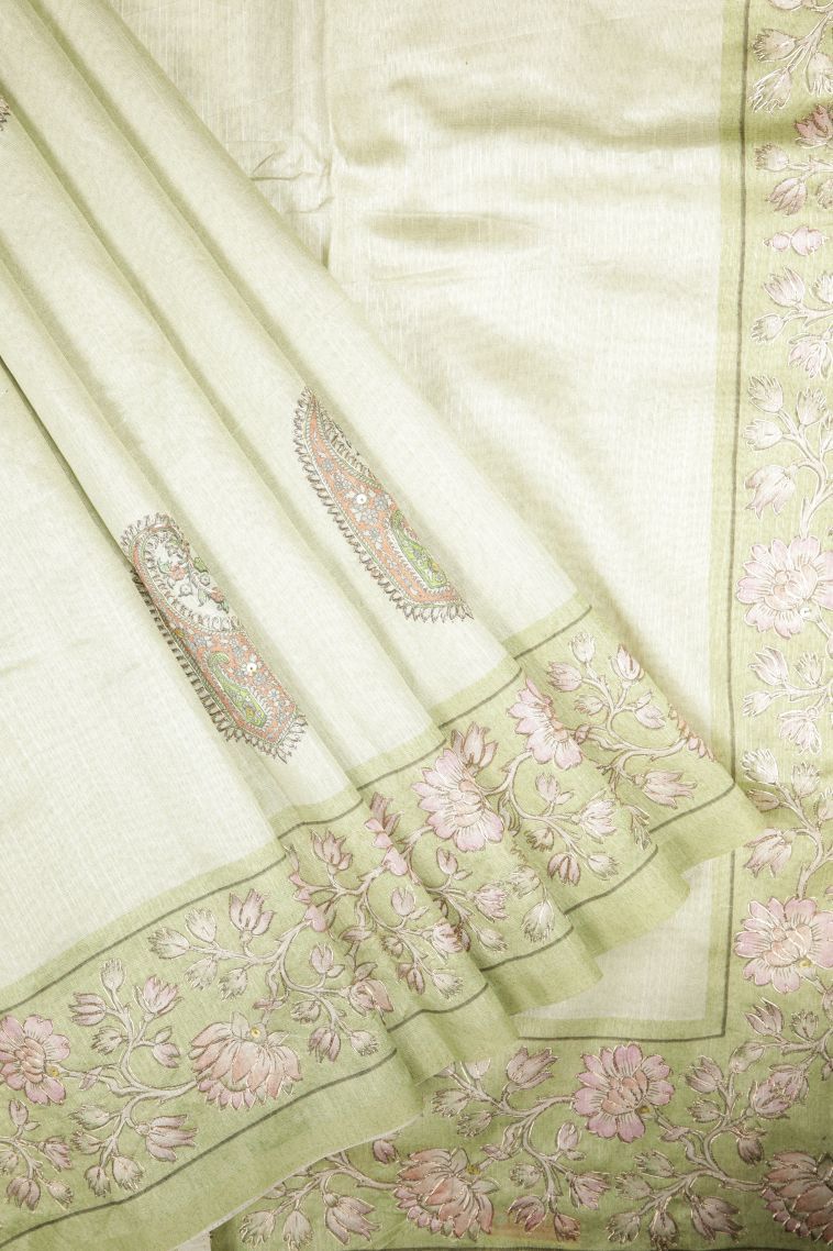 Pistachio Green Tussar Saree with Without Zari Zari Buttis (small Dots Or Motifs) view 1