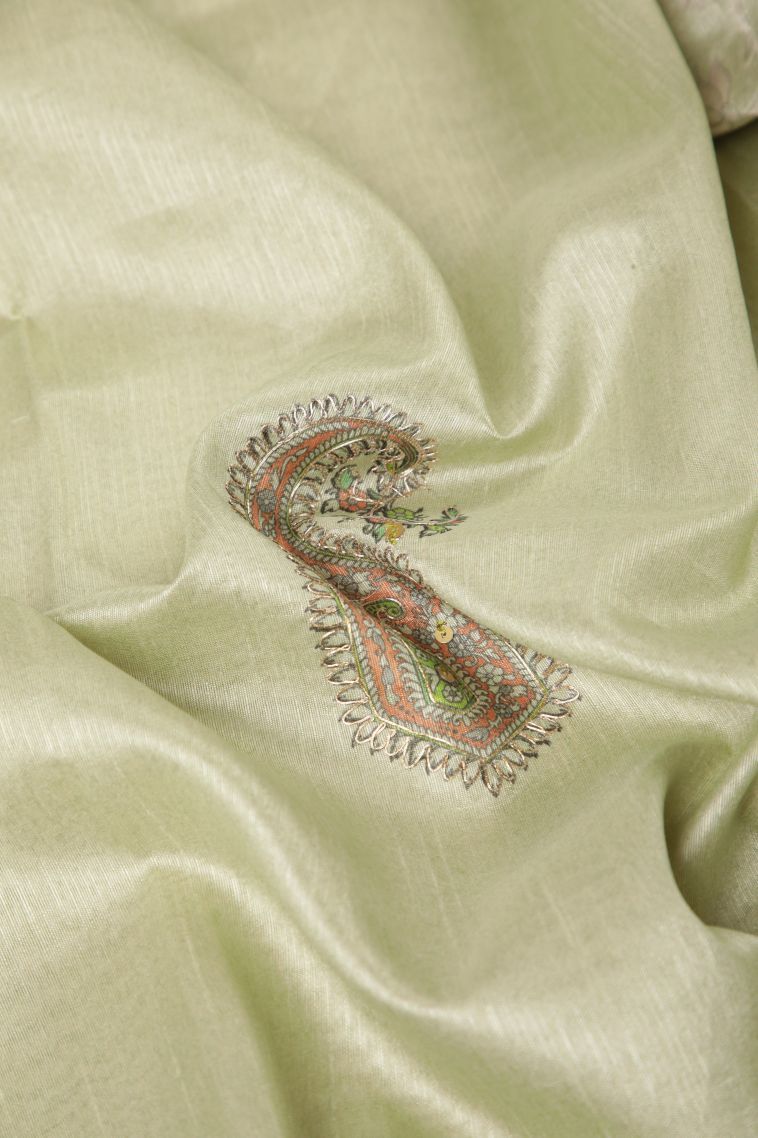 Pistachio Green Tussar Saree with Without Zari Zari Buttis (small Dots Or Motifs) view 4