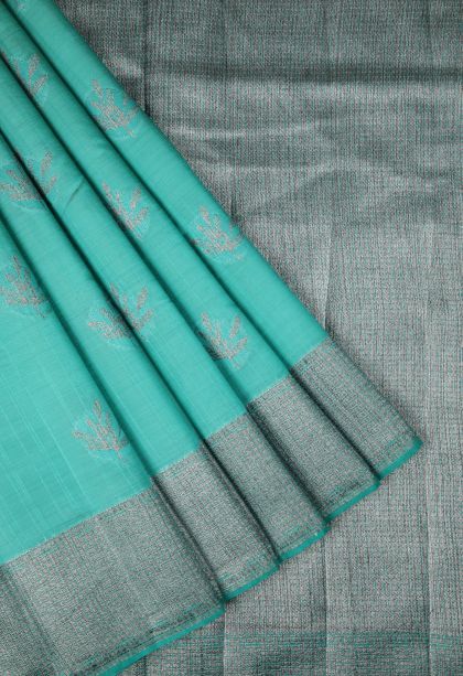 Arctic Blue Tussar Saree with Bronze Zari Buttis (small Dots Or Motifs)