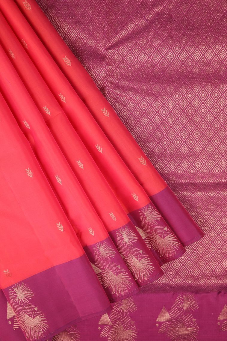 Strawberry Pink Soft Silk Saree with Copper Zari Buttis (small Dots Or Motifs) view 1