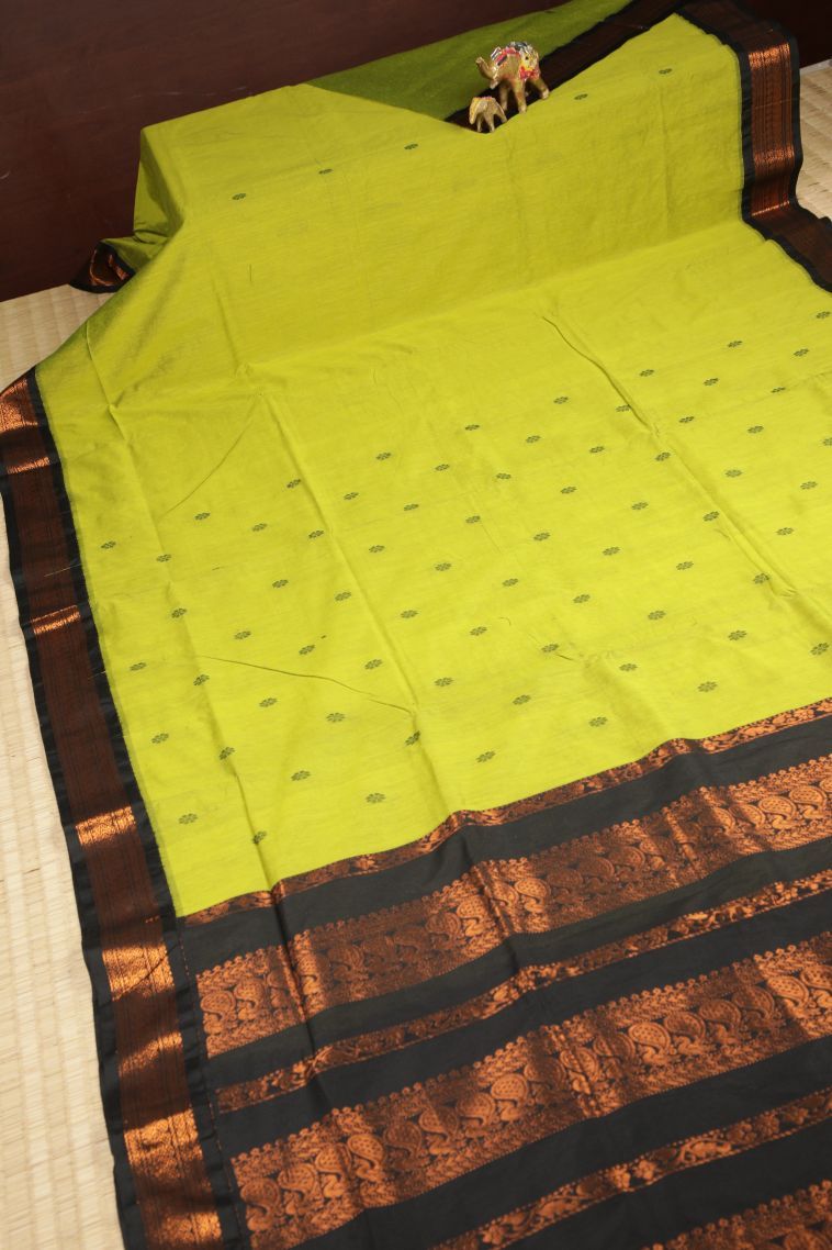 Chartreuse Green Kalyani Cotton with Without Zari Zari Buttis (small Dots Or Motifs) view 2