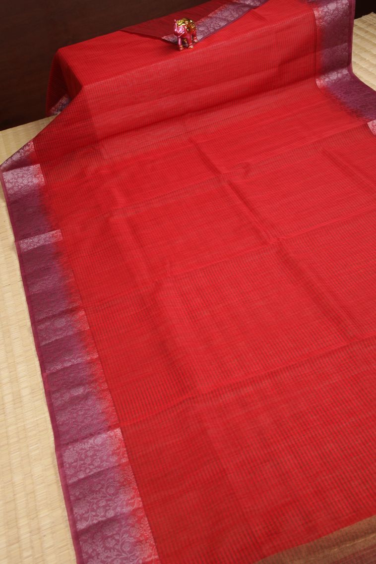 Candy Red Tussar Saree with Without Zari Zari Plain view 2