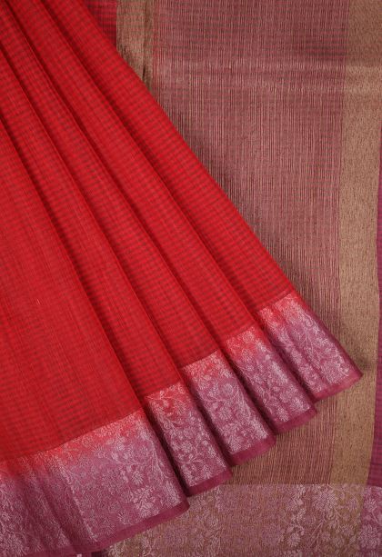 Candy Red Tussar Saree with Without Zari Zari Plain