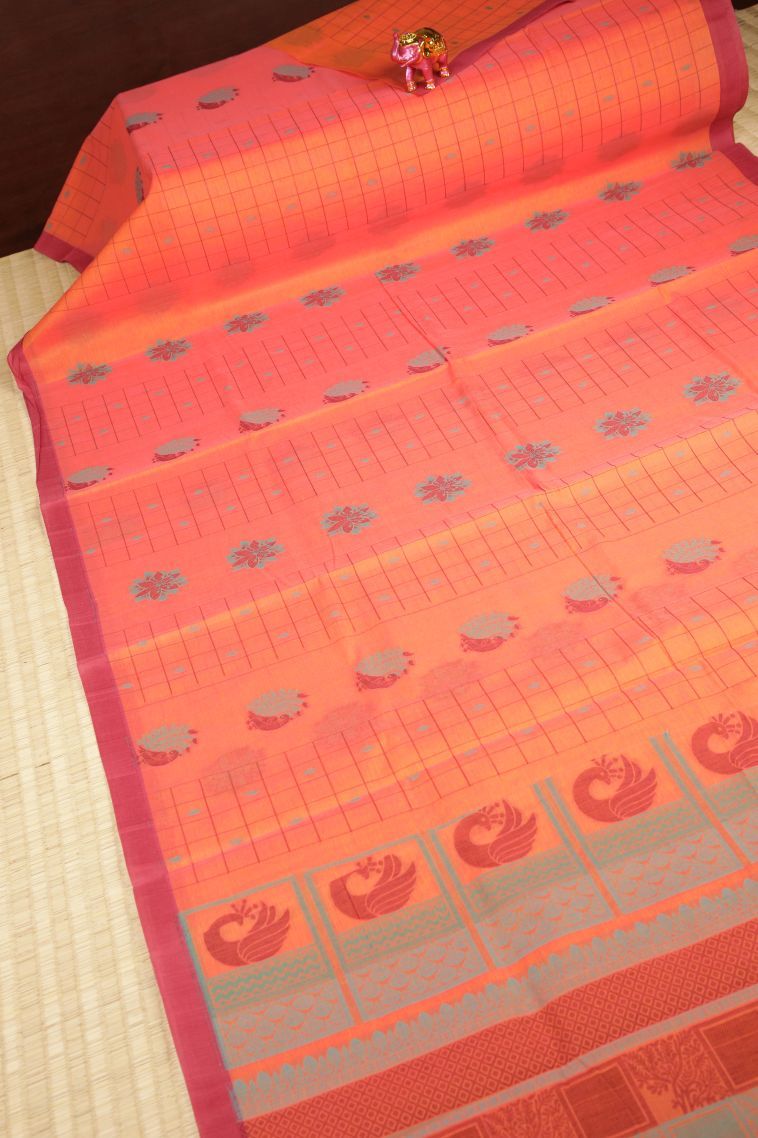 Coral Pink Kovai Cotton Sarees with Without Zari Zari Checks view 2