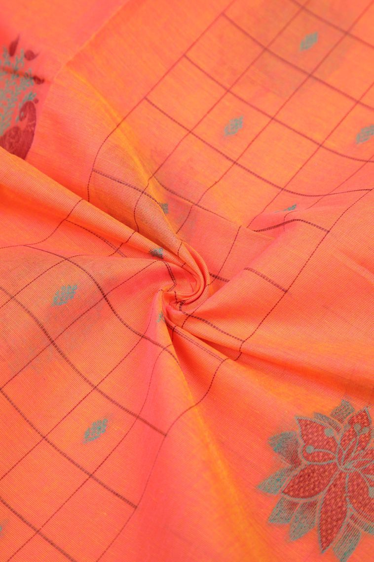 Coral Pink Kovai Cotton Sarees with Without Zari Zari Checks view 4