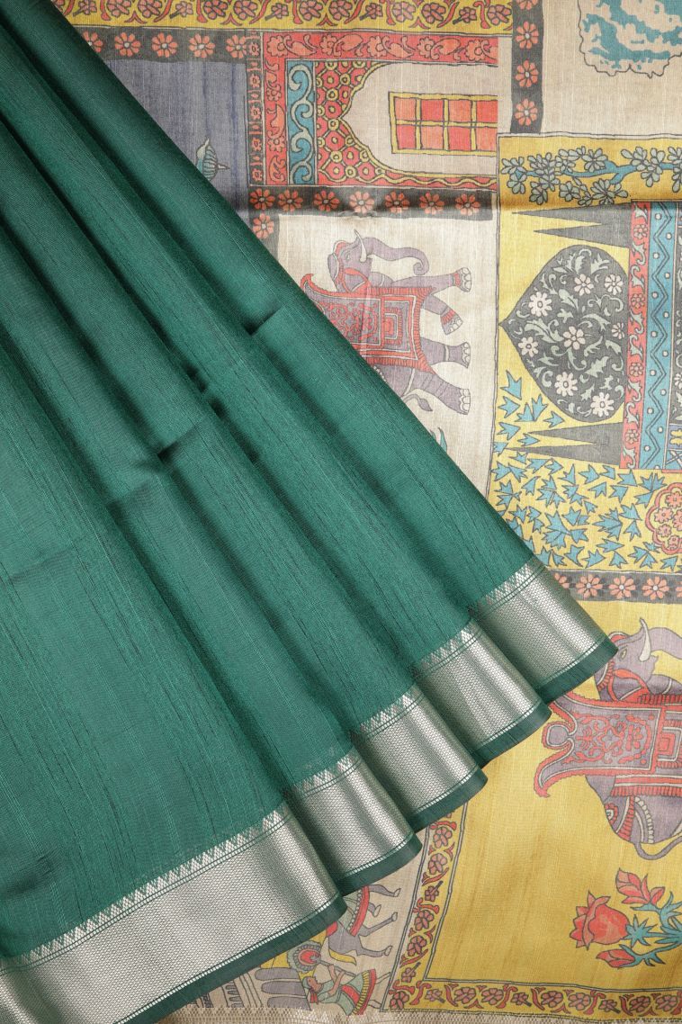 Pine Green Tussar Saree with Without Zari Zari Plain view 1