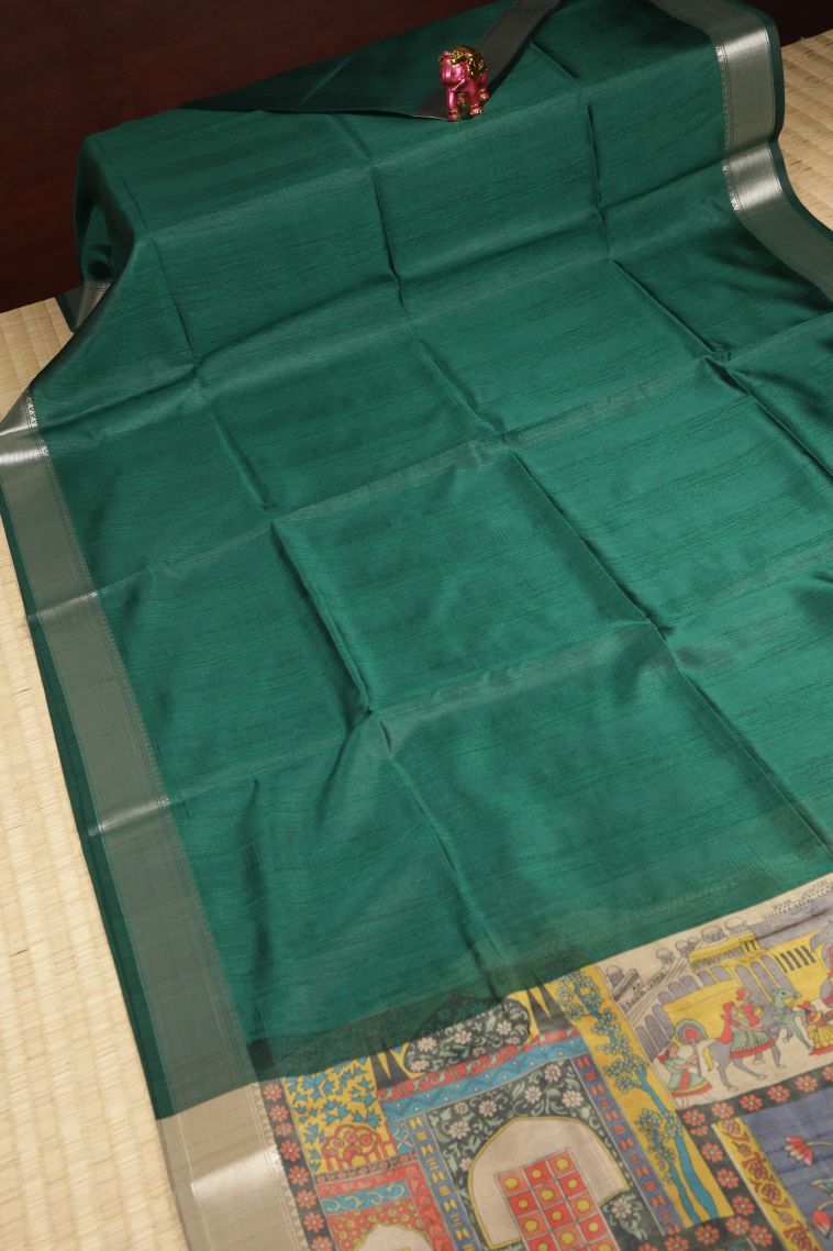 Pine Green Tussar Saree with Without Zari Zari Plain view 2