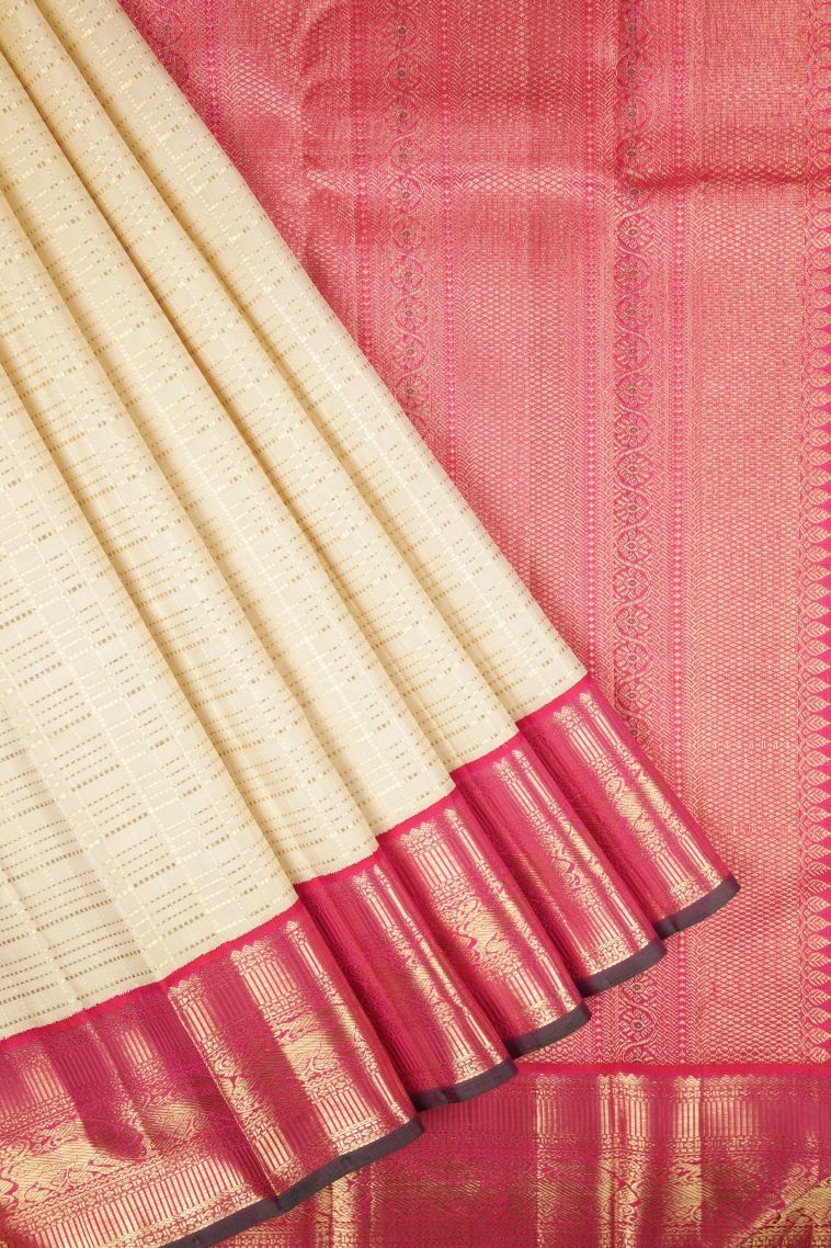 Cream White Kanchipuram Silk Sarees with Gold Zari Checks view 1