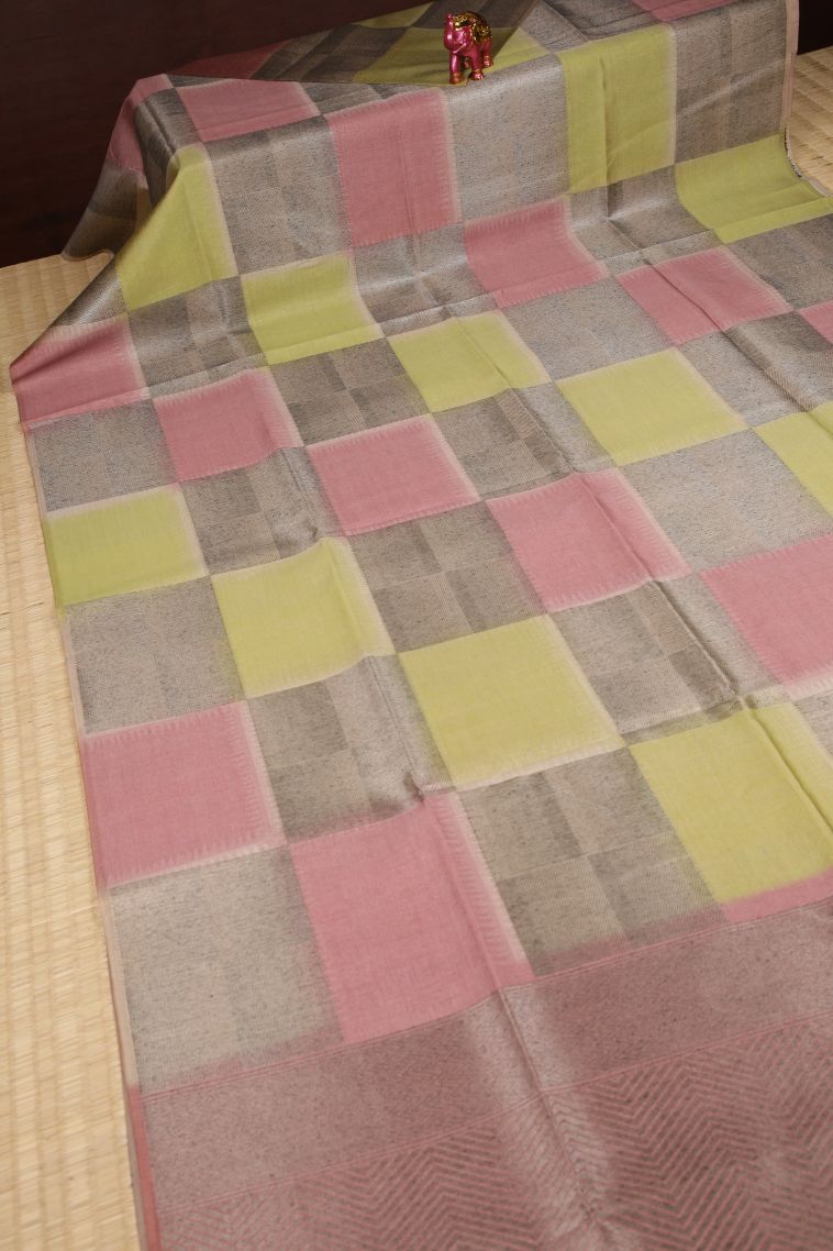 Ballet Pink Tussar Saree with Silver Zari Checks view 2