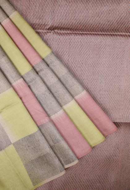 Ballet Pink Tussar Saree with Silver Zari Checks