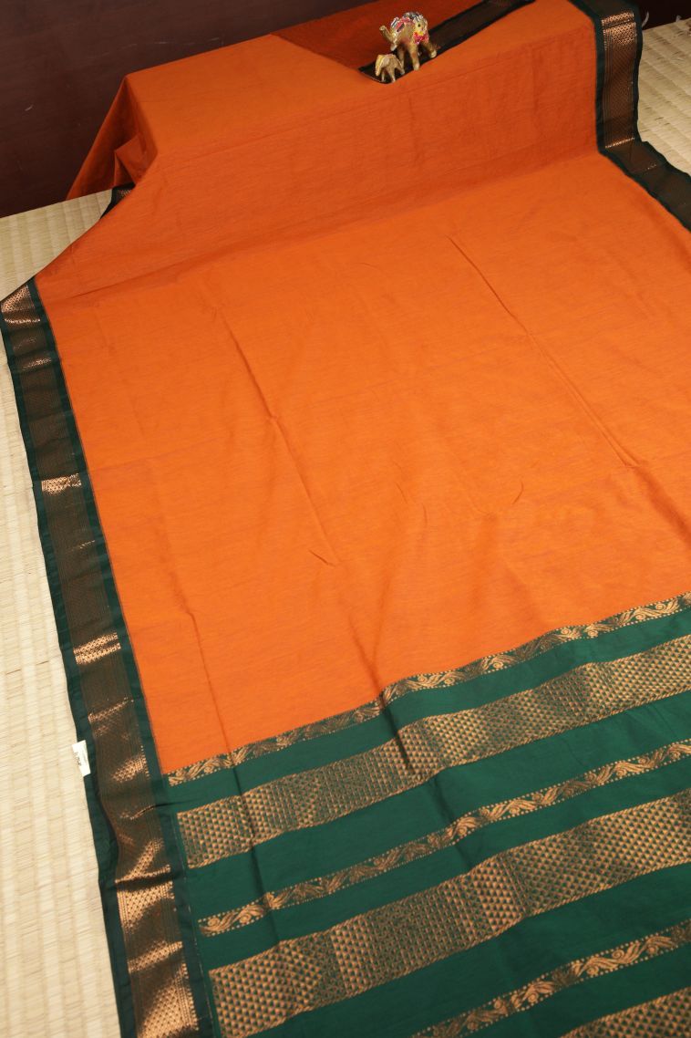 Tiger Orange Kalyani Cotton with Without Zari Zari Plain view 2