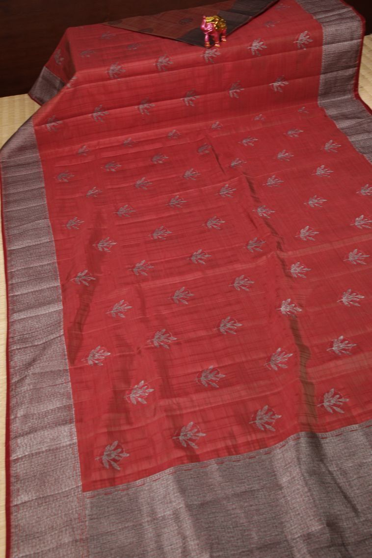 Apple Red Tussar Saree with Bronze Zari Buttis (small Dots Or Motifs) view 2