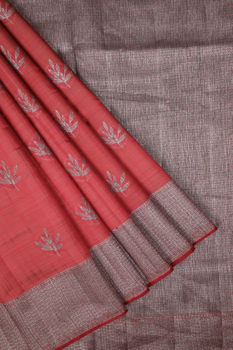 Apple Red Tussar Saree with Bronze Zari Buttis (small Dots Or Motifs) view 1