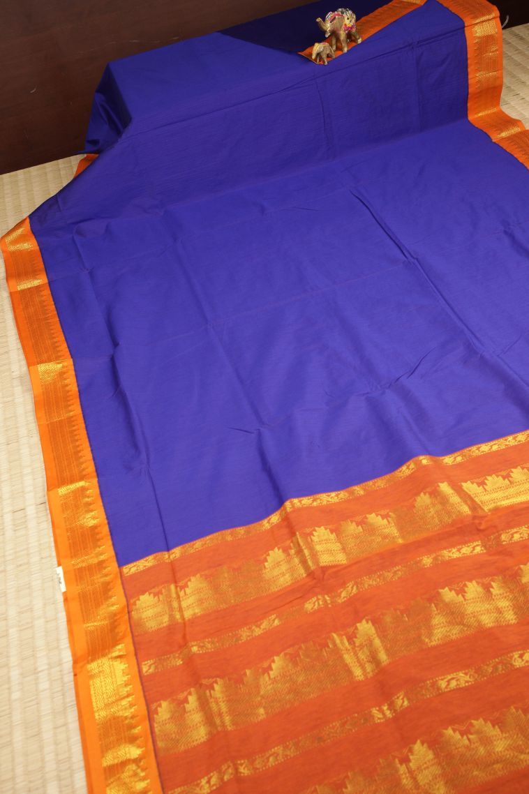 Admiral Blue Kalyani Cotton with Without Zari Zari Plain view 2