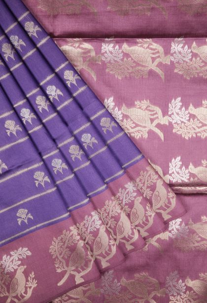 Viola Purple Tussar Saree with Silver Zari Buttis (small Dots Or Motifs)