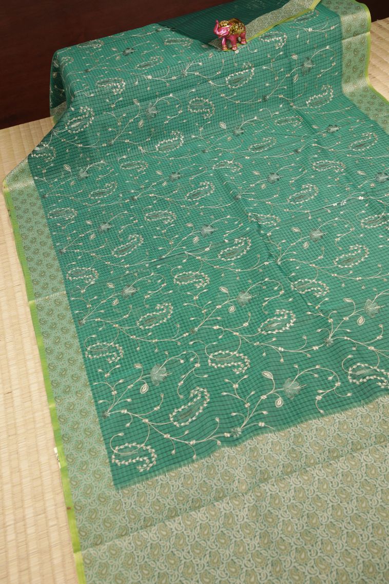 Emerald Green Tussar Saree with Without Zari Zari Floral Patterns view 2