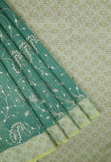 Emerald Green Tussar Saree with Without Zari Zari Floral Patterns